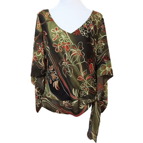 VINTAGE 90s Y2K Boho Blouse Top 14W Artsy Floral Green Brown‎ Orange V-Neck - Picture 2 of 11